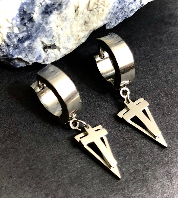 Unisex Silver Surgical Stainless Steel-Hoop Earrings-Triangle & Cross Dangle Charm Earrings