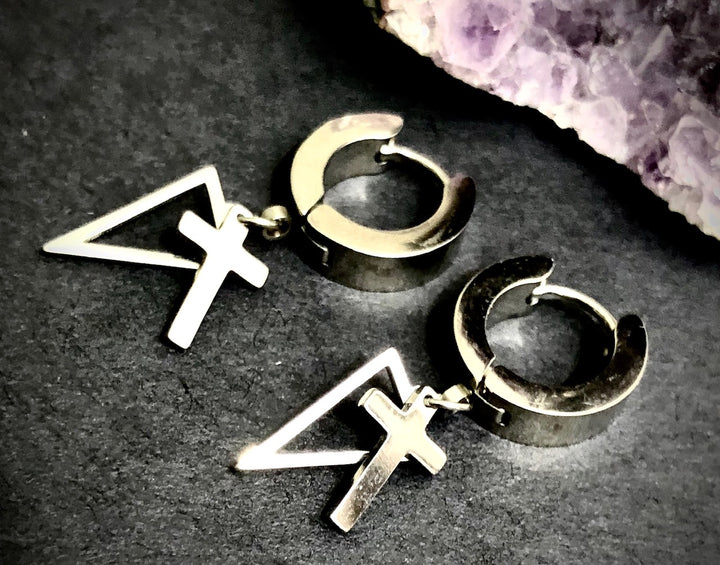Unisex Silver Surgical Stainless Steel-Hoop Earrings-Triangle & Cross Dangle Charm Earrings