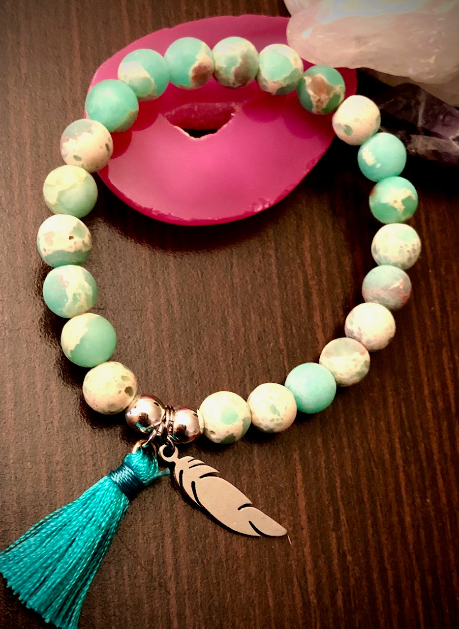 FEATHER Charm & Tassel Gemstone Bracelet-Stainless Steel Charm Bracelet-Choice of Gemstone