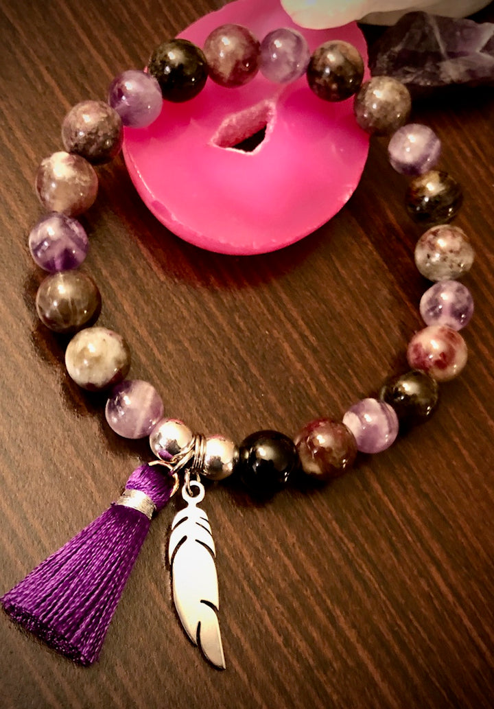 FEATHER Charm & Tassel Gemstone Bracelet-Stainless Steel Charm Bracelet-Choice of Gemstone