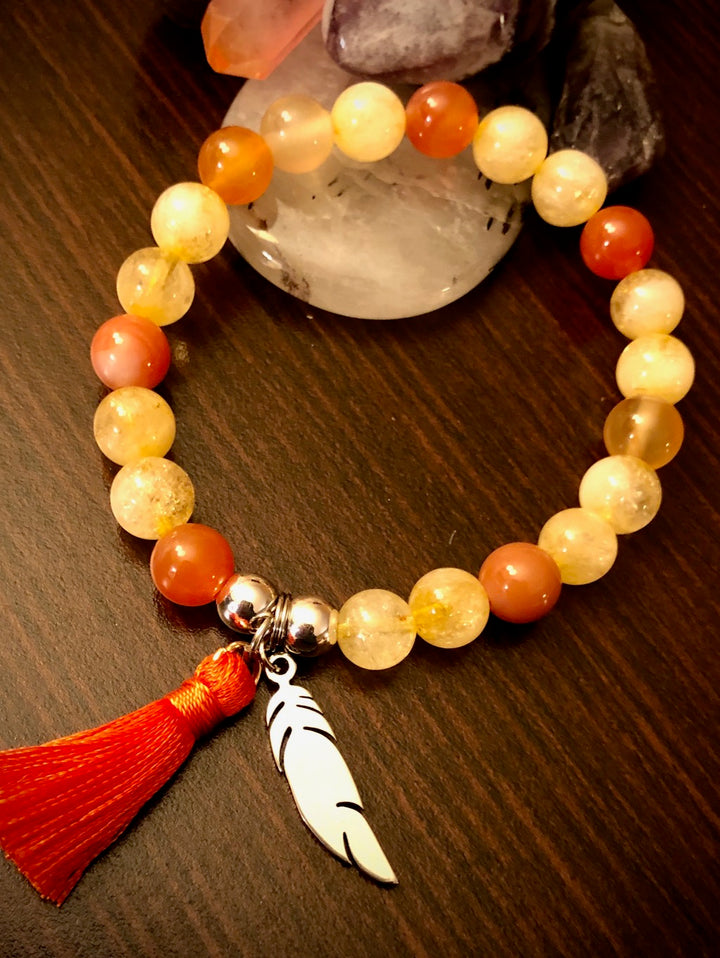 FEATHER Charm & Tassel Gemstone Bracelet-Stainless Steel Charm Bracelet-Choice of Gemstone