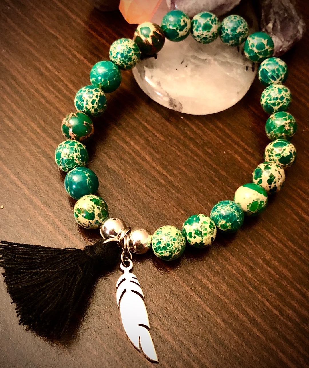 FEATHER Charm & Tassel Gemstone Bracelet-Stainless Steel Charm Bracelet-Choice of Gemstone