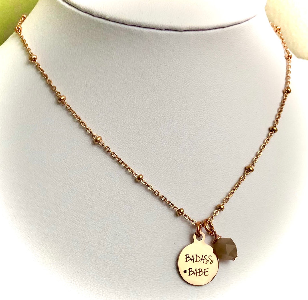 BADASS BABE-Rose Gold Stainless Steel Charm & Gemstone Necklace-Satellite Chain- Choice of Gemstone