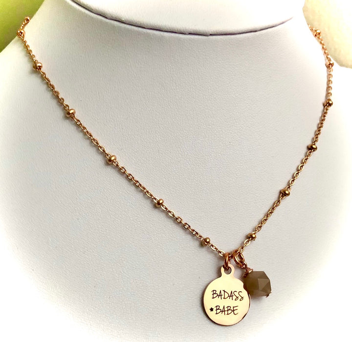 BADASS BABE-Rose Gold Stainless Steel Charm & Gemstone Necklace-Satellite Chain- Choice of Gemstone