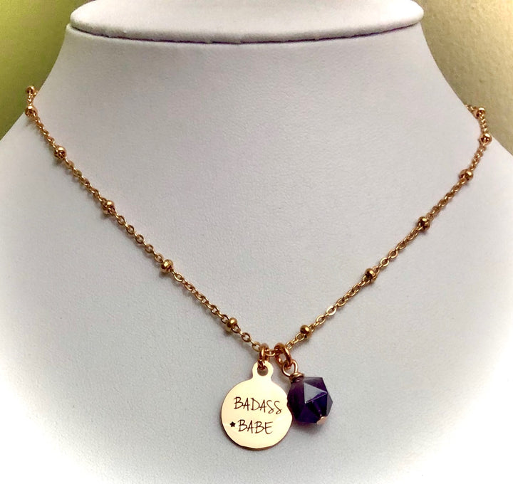 BADASS BABE-Rose Gold Stainless Steel Charm & Gemstone Necklace-Satellite Chain- Choice of Gemstone