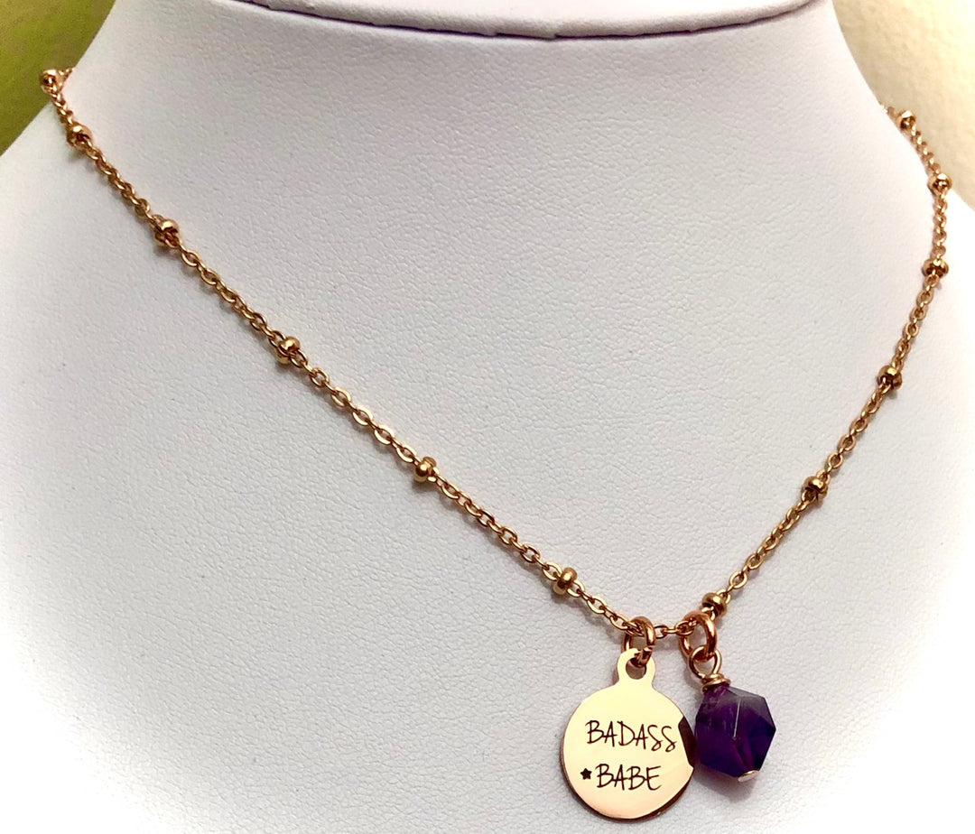 BADASS BABE-Rose Gold Stainless Steel Charm & Gemstone Necklace-Satellite Chain- Choice of Gemstone