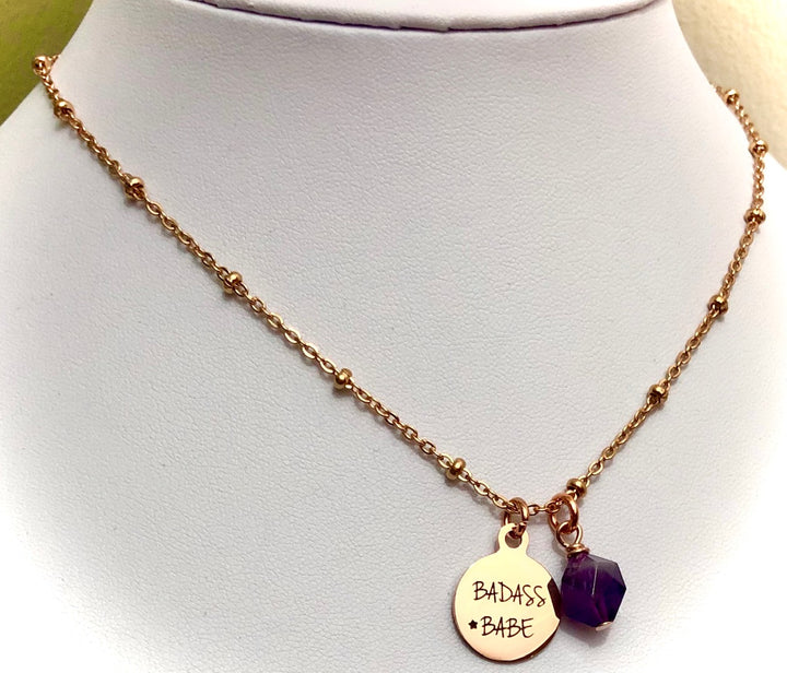 BADASS BABE-Rose Gold Stainless Steel Charm & Gemstone Necklace-Satellite Chain- Choice of Gemstone