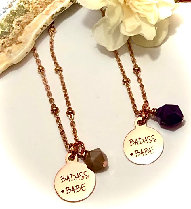 BADASS BABE-Rose Gold Stainless Steel Charm & Gemstone Necklace-Satellite Chain- Choice of Gemstone