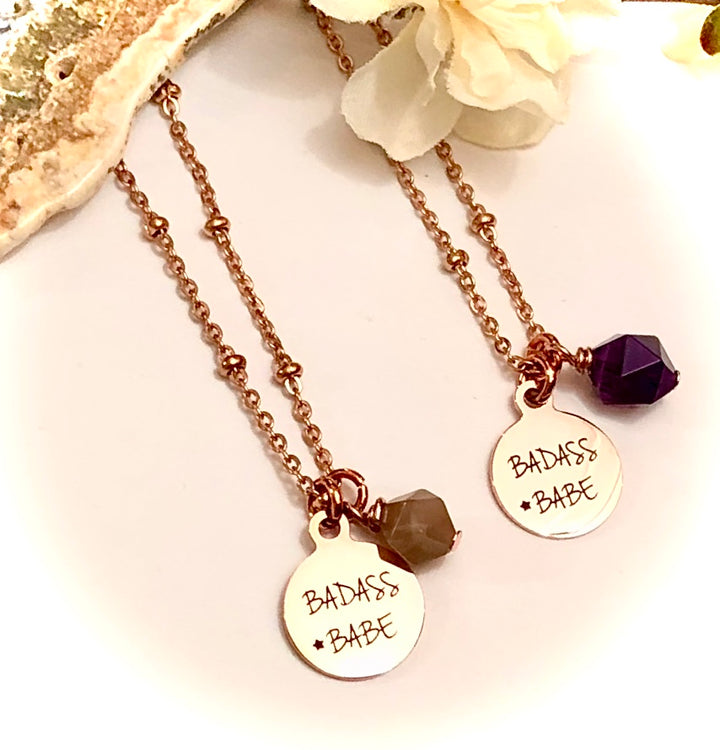 BADASS BABE-Rose Gold Stainless Steel Charm & Gemstone Necklace-Satellite Chain- Choice of Gemstone