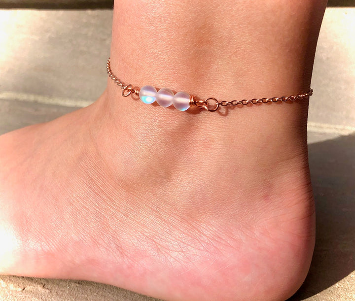 ROSE GOLD & WHITE ANGEL AURA QUARTZ-Minimalist ANKLET-Stainless Steel Ankle Bracelet