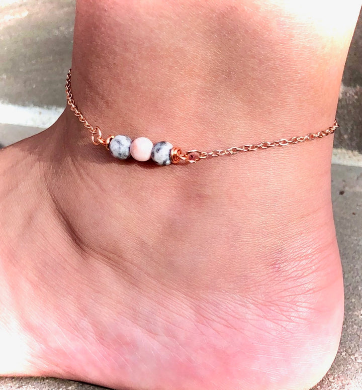 Rose Gold & Pink Zebra Jasper ANKLET-Gemstone Minimalist Ankle Bracelet-Stainless Steel