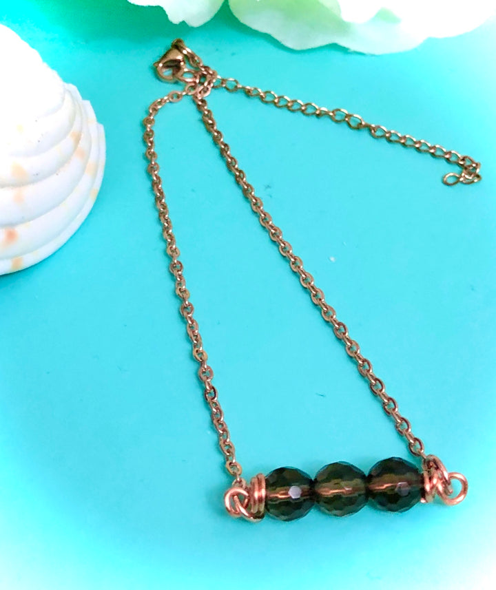 Rose Gold & Smokey Quartz ANKLET-Minimalist Ankle Bracelet-Stainless Steel