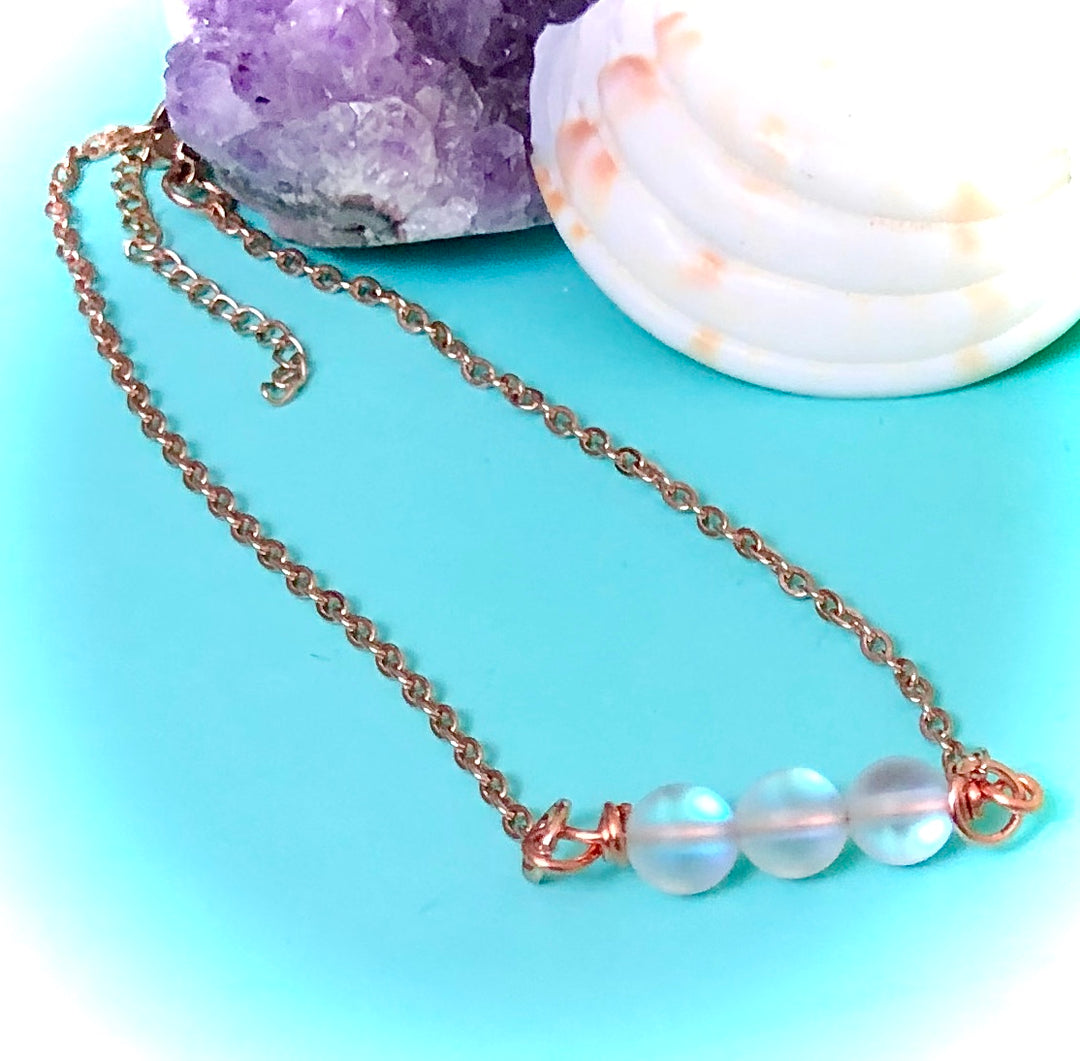 ROSE GOLD & WHITE ANGEL AURA QUARTZ-Minimalist ANKLET-Stainless Steel Ankle Bracelet