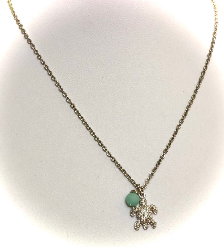 Pavé Silver TURTLE with Amazonite Necklace-Stainless Steel Chain