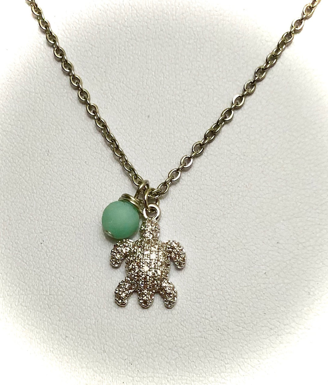 Pavé Silver TURTLE with Amazonite Necklace-Stainless Steel Chain