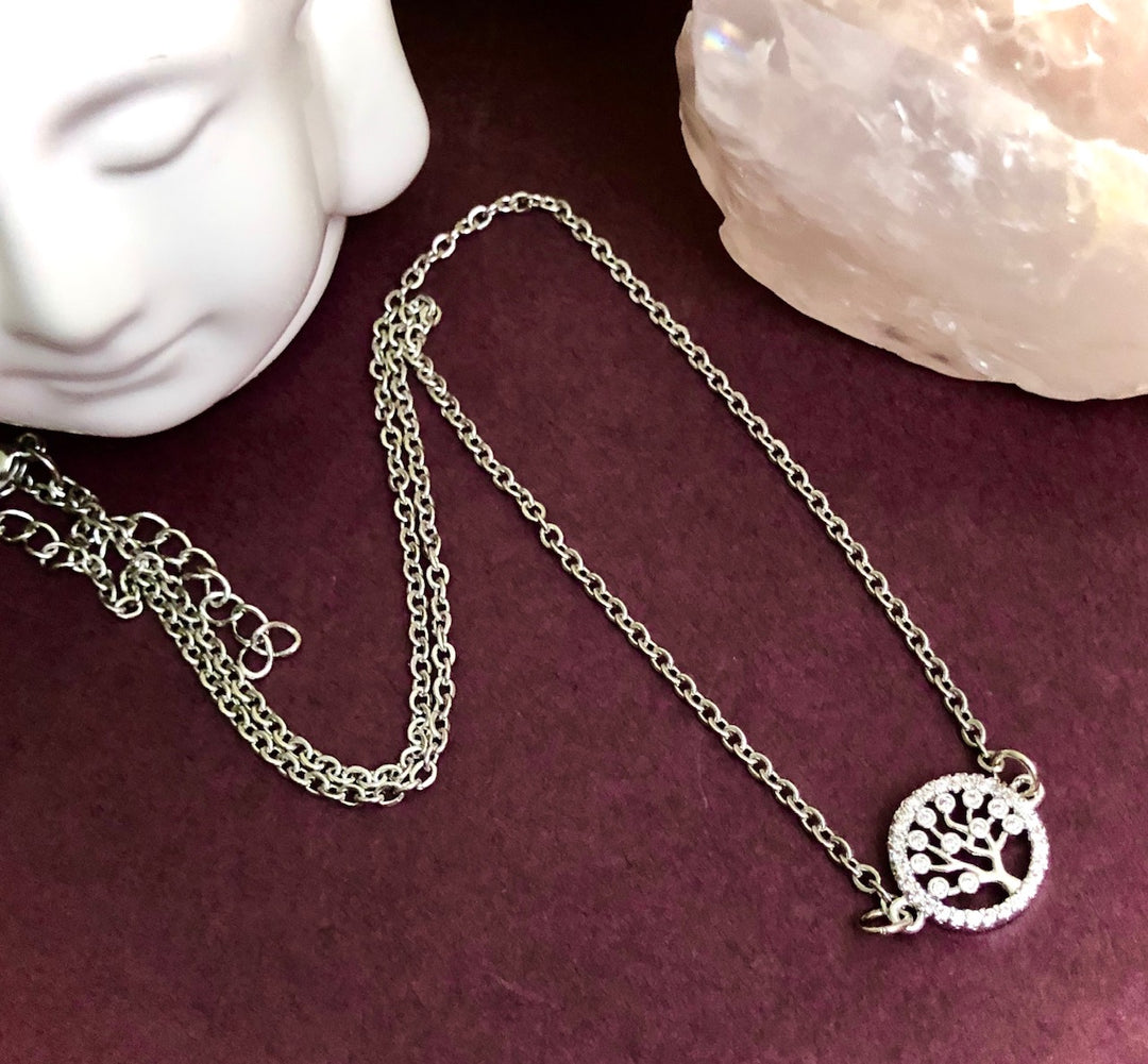 Tree of Life-Silver Pavé Necklace-Stainless Steel Chain-16" (+2 inch extender)
