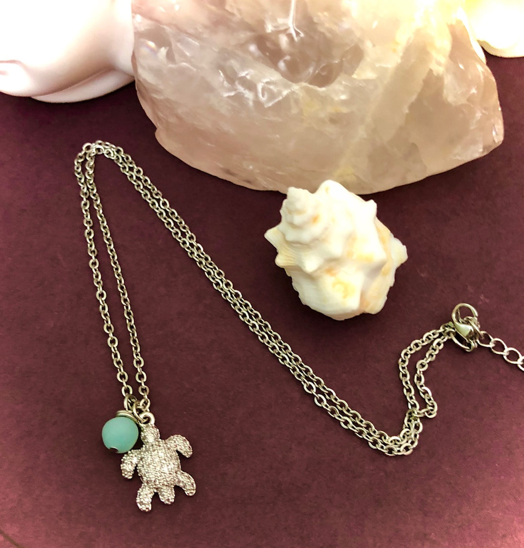 Pavé Silver TURTLE with Amazonite Necklace-Stainless Steel Chain