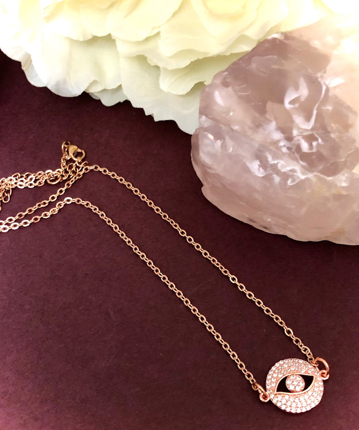 Rose Gold Pavé EVIL EYE Necklace-Stainless Steel Chain- 16" (+2 inch extender)