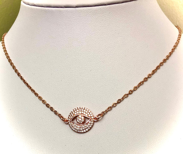 Rose Gold Pavé EVIL EYE Necklace-Stainless Steel Chain- 16" (+2 inch extender)