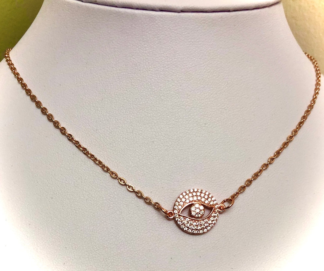 Rose Gold Pavé EVIL EYE Necklace-Stainless Steel Chain- 16" (+2 inch extender)