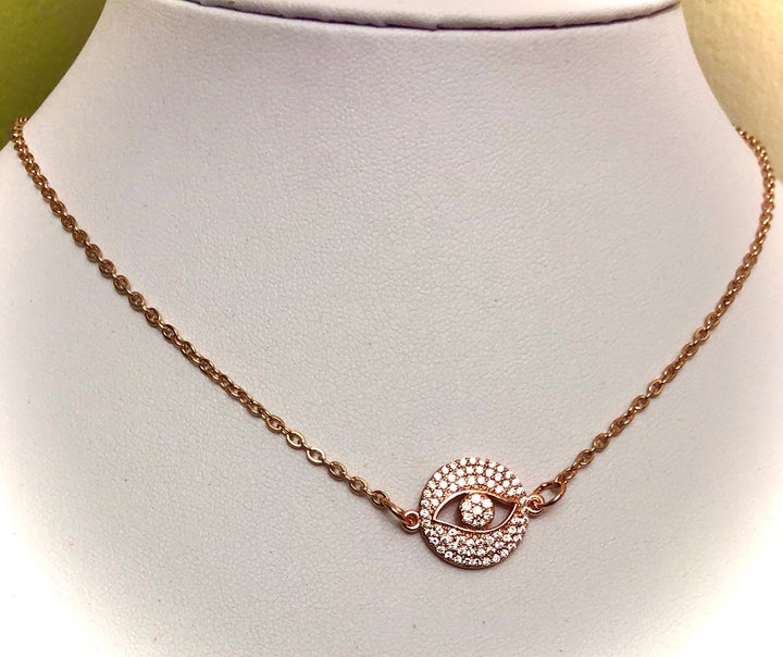 Rose Gold Pavé EVIL EYE Necklace-Stainless Steel Chain- 16" (+2 inch extender)