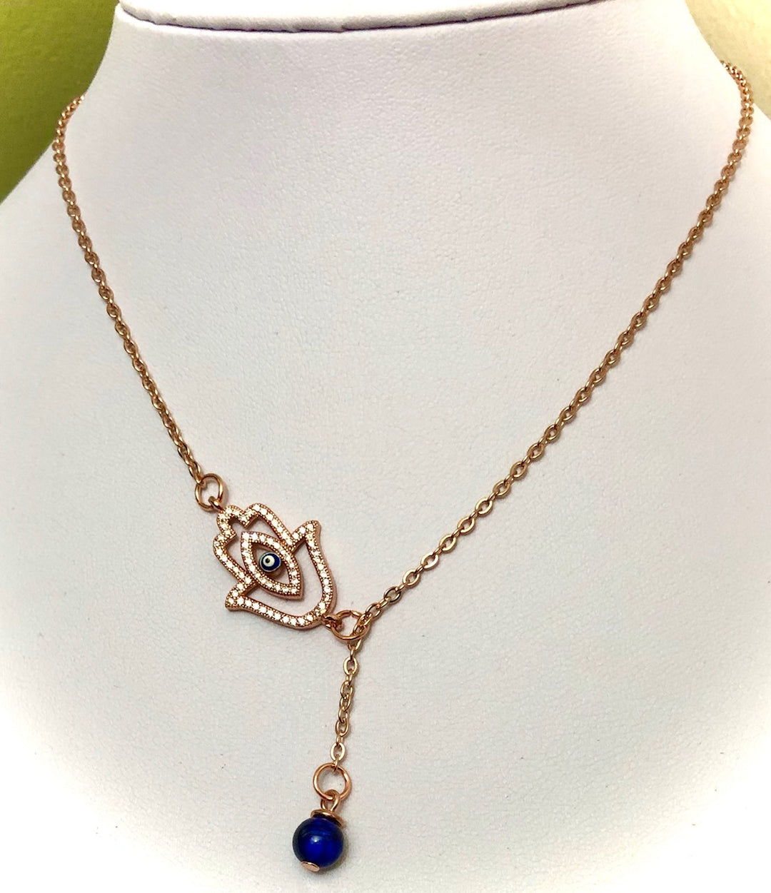 Rose Gold PAVÉ HAMSA & EVIL EYE Lariat Necklace-Adjustable Protection Necklace-Blue Tiger's Eye