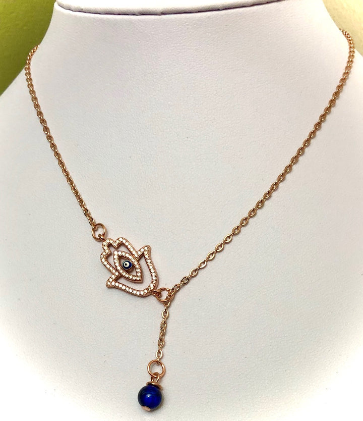 Rose Gold PAVÉ HAMSA & EVIL EYE Lariat Necklace-Adjustable Protection Necklace-Blue Tiger's Eye