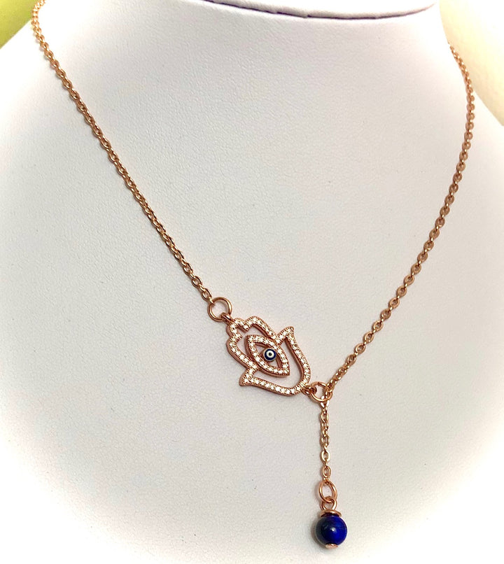 Rose Gold PAVÉ HAMSA & EVIL EYE Lariat Necklace-Adjustable Protection Necklace-Blue Tiger's Eye