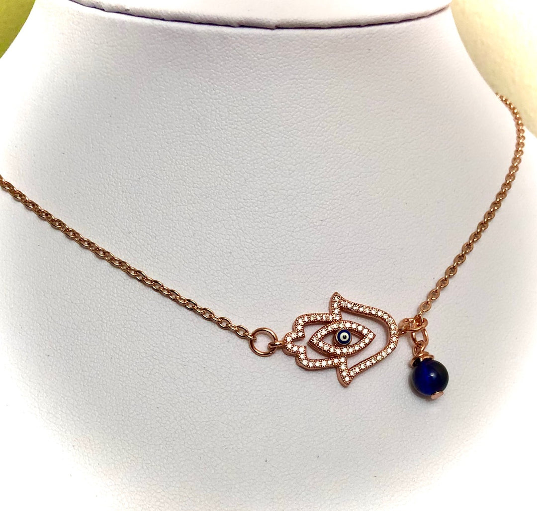 Rose Gold PAVÉ HAMSA & EVIL EYE Lariat Necklace-Adjustable Protection Necklace-Blue Tiger's Eye