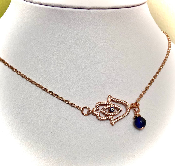 Rose Gold PAVÉ HAMSA & EVIL EYE Lariat Necklace-Adjustable Protection Necklace-Blue Tiger's Eye