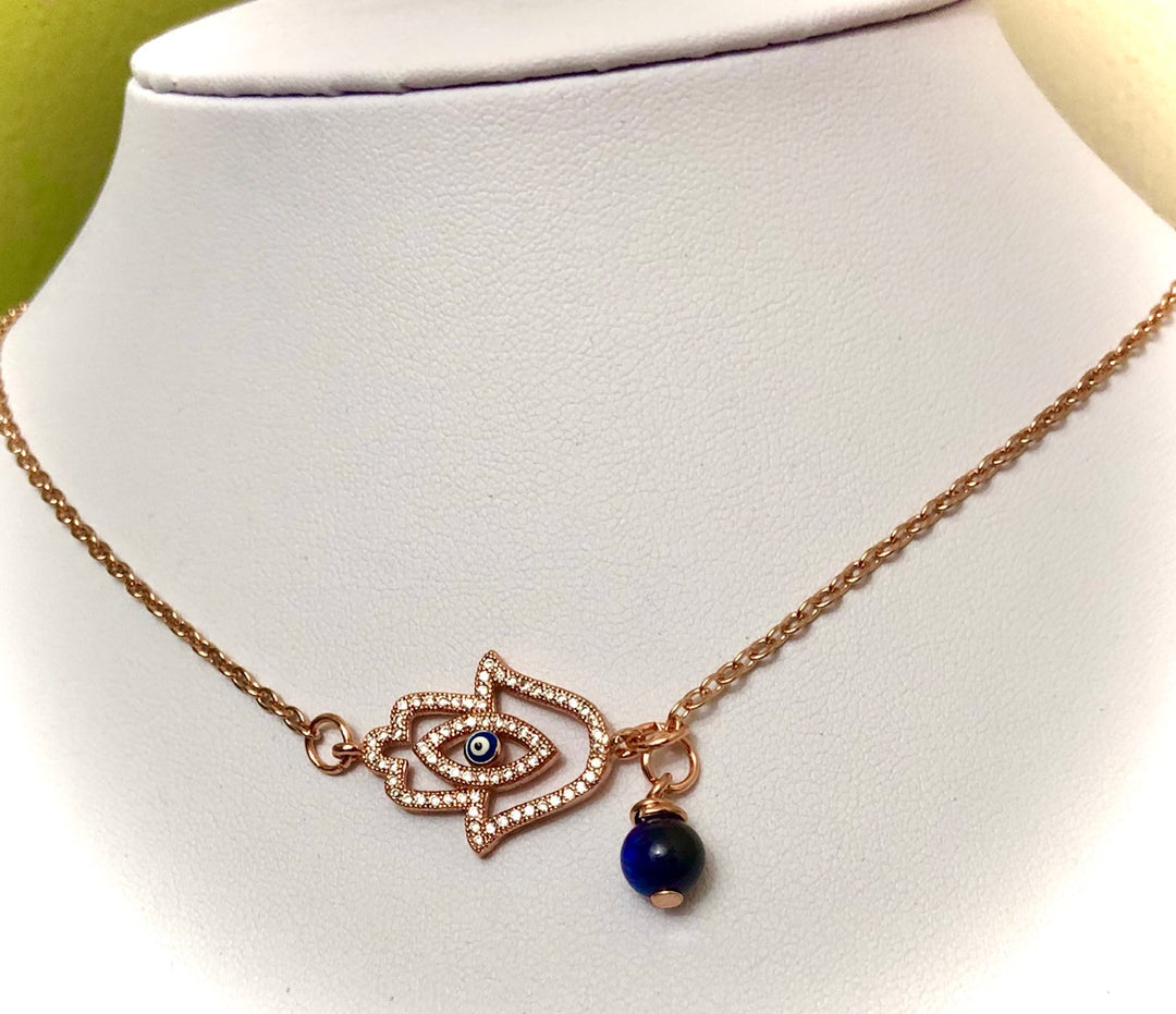 Rose Gold PAVÉ HAMSA & EVIL EYE Lariat Necklace-Adjustable Protection Necklace-Blue Tiger's Eye
