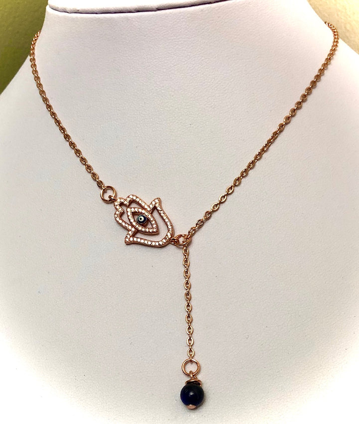 Rose Gold PAVÉ HAMSA & EVIL EYE Lariat Necklace-Adjustable Protection Necklace-Blue Tiger's Eye