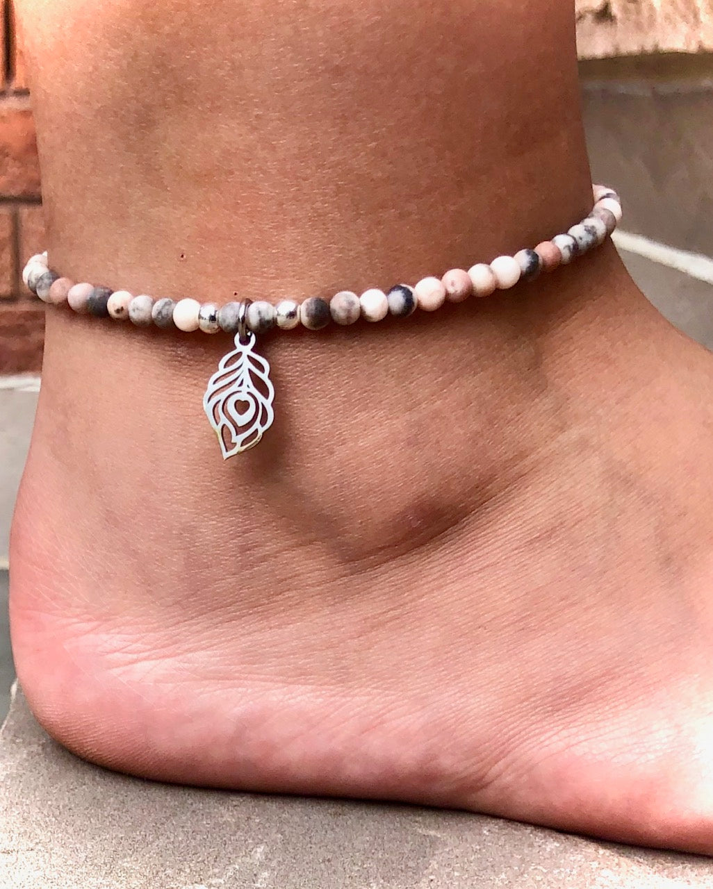 Dainty Pink Zebra Jasper-Gemstone ANKLET-Feather Dangle Charm-Stainless Steel