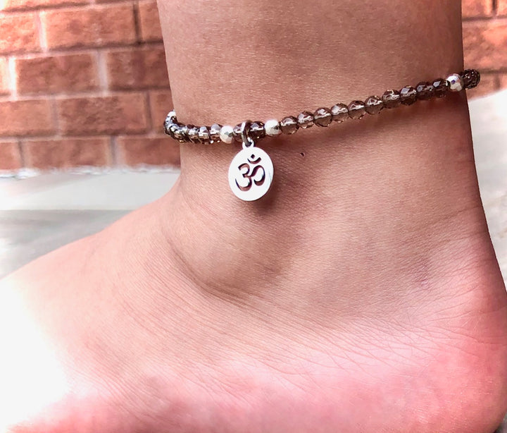 Dainty Smokey Quartz & Hematite ANKLET-OM Charm- Minimalist Gemstone Anklet