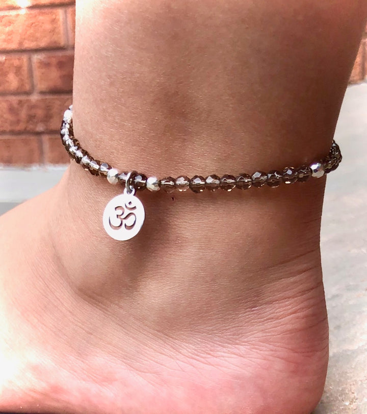Dainty Smokey Quartz & Hematite ANKLET-OM Charm- Minimalist Gemstone Anklet