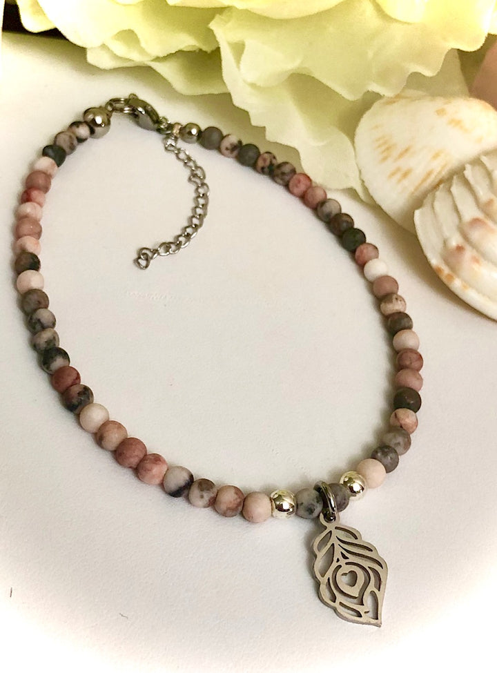 Dainty Pink Zebra Jasper-Gemstone ANKLET-Feather Dangle Charm-Stainless Steel