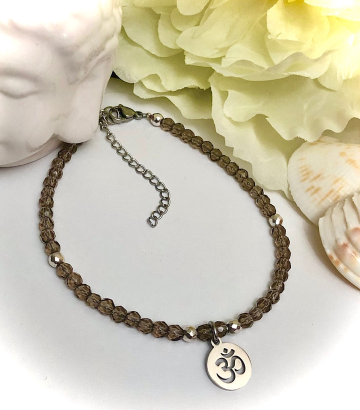 Dainty Smokey Quartz & Hematite ANKLET-OM Charm- Minimalist Gemstone Anklet