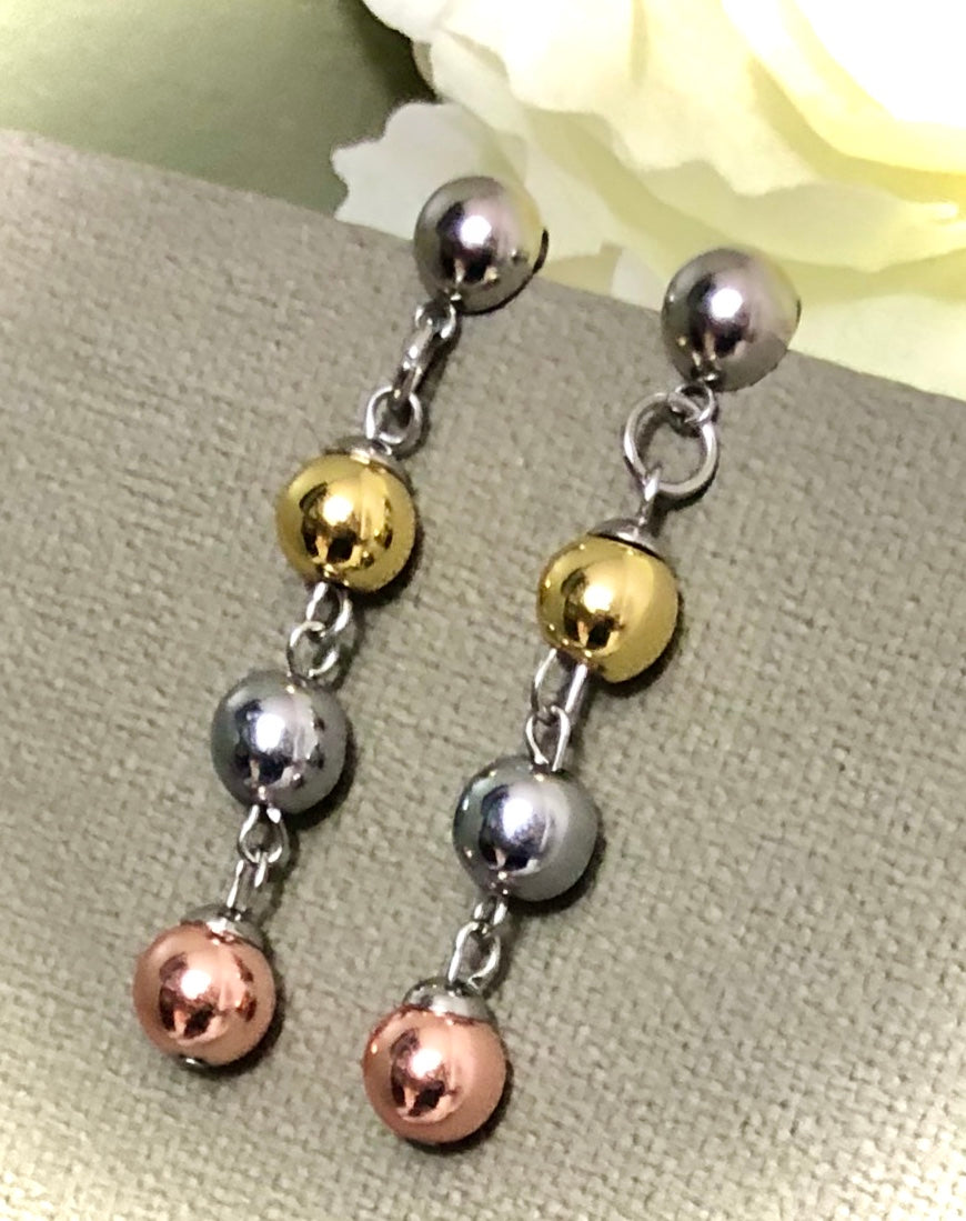 Tri-toned HEMATITE Dangle Earrings-Stainless Steel-Drop Earrings