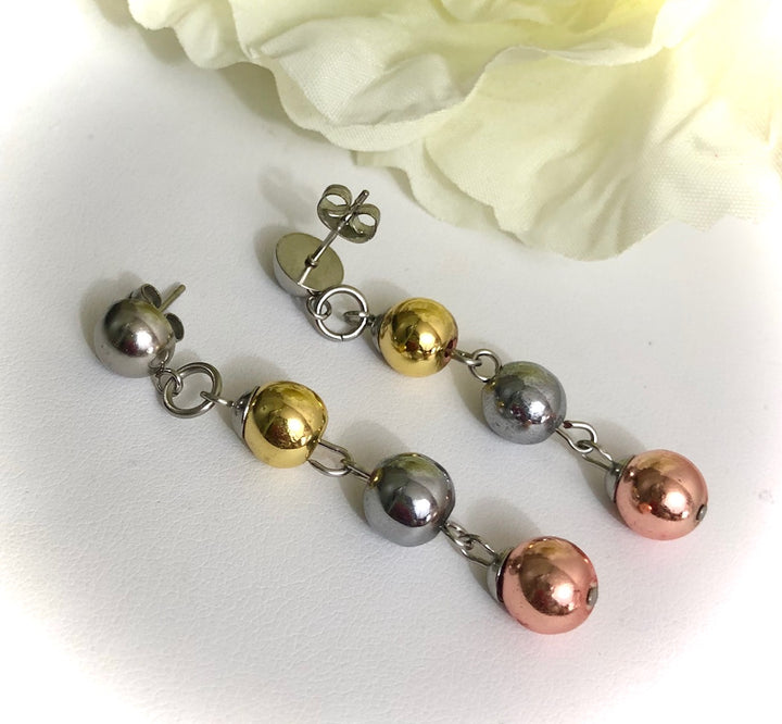 Tri-toned HEMATITE Dangle Earrings-Stainless Steel-Drop Earrings