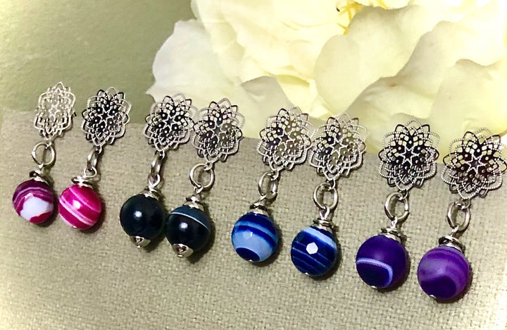 Filigree Stainless Steel Flower & Agate Earrings-Gemstone Dangle Earrings-Choice of Color