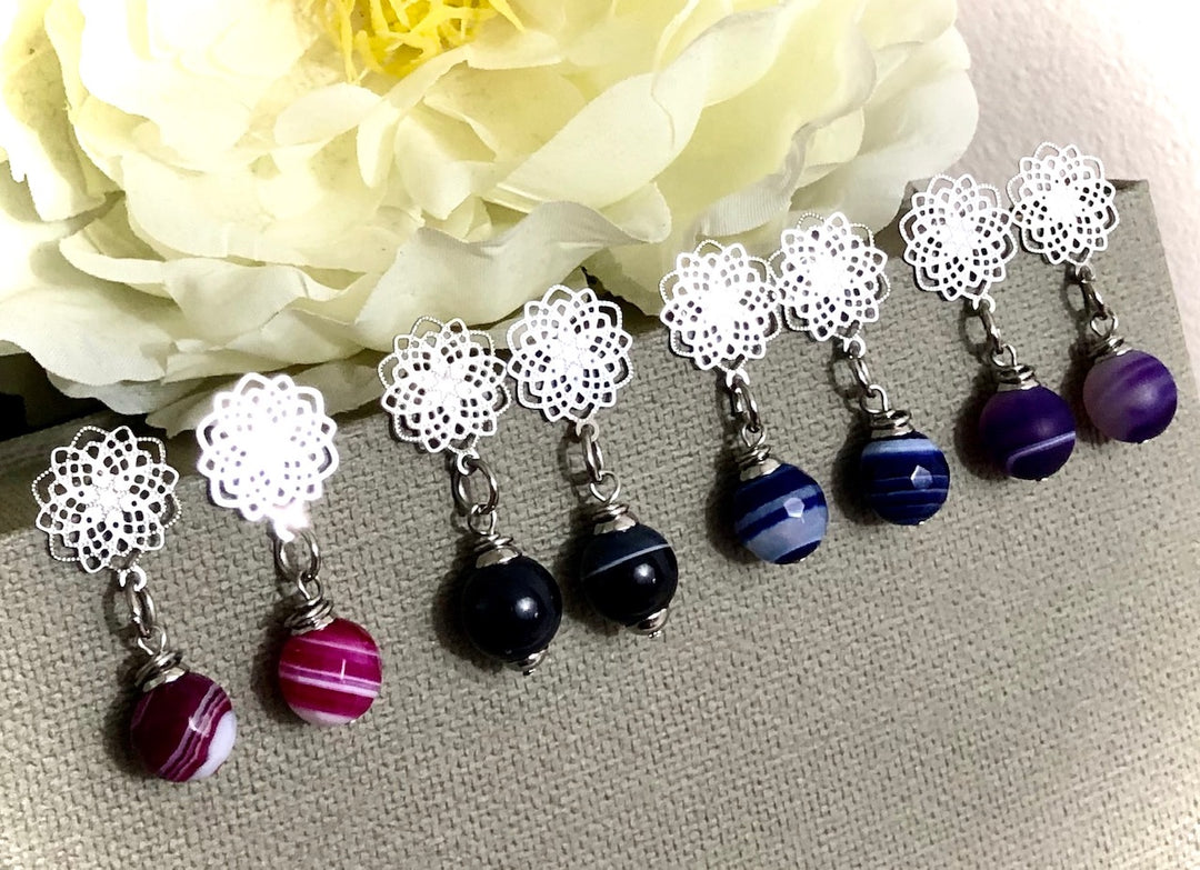 Filigree Stainless Steel Flower & Agate Earrings-Gemstone Dangle Earrings-Choice of Color