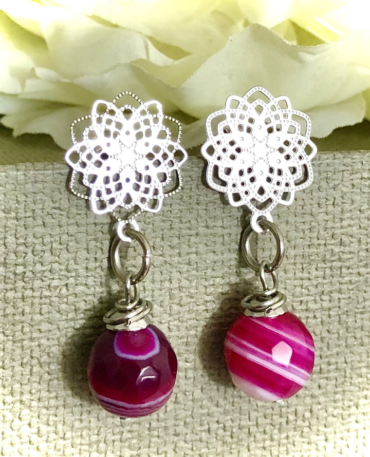 Filigree Stainless Steel Flower & Agate Earrings-Gemstone Dangle Earrings-Choice of Color