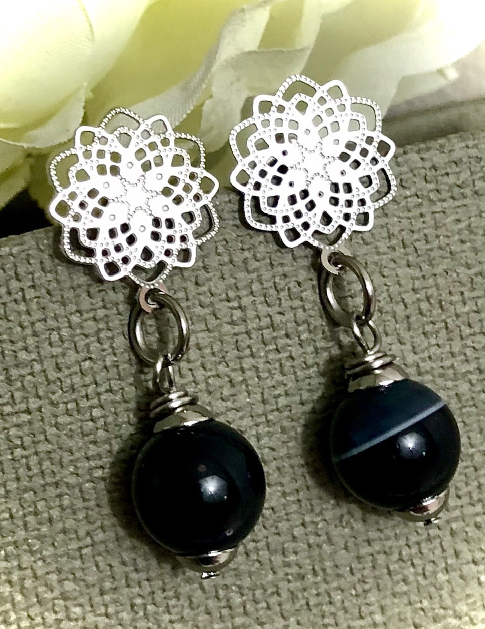 Filigree Stainless Steel Flower & Agate Earrings-Gemstone Dangle Earrings-Choice of Color