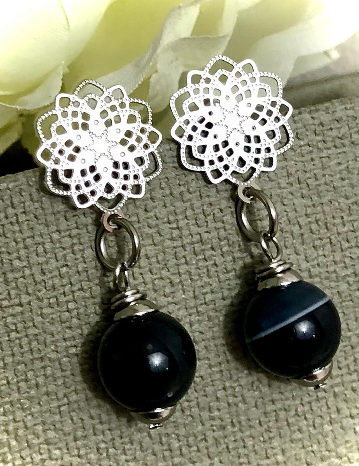 Filigree Stainless Steel Flower & Agate Earrings-Gemstone Dangle Earrings-Choice of Color