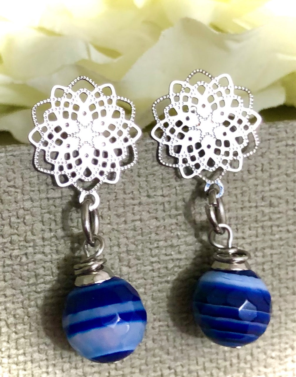 Filigree Stainless Steel Flower & Agate Earrings-Gemstone Dangle Earrings-Choice of Color