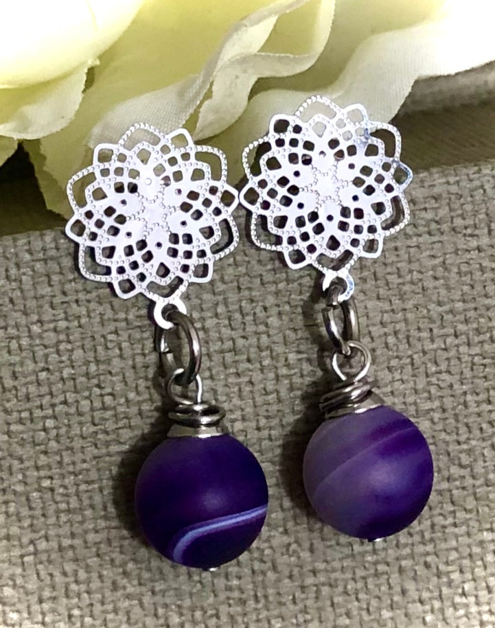 Filigree Stainless Steel Flower & Agate Earrings-Gemstone Dangle Earrings-Choice of Color