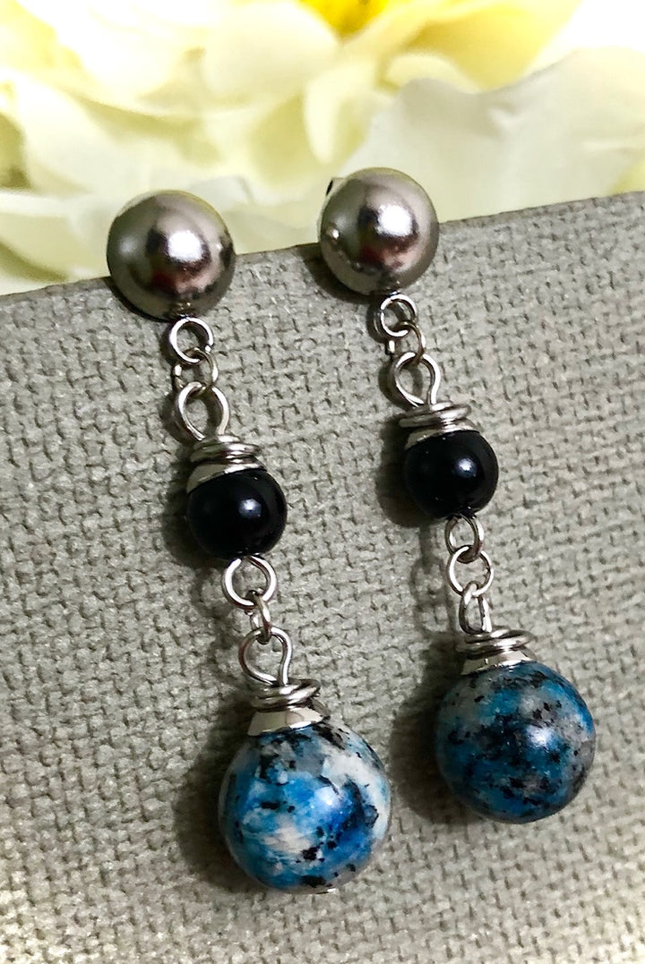 K2 & Onyx Long Dangle Earrings-Black and Blue Earrings-Stainless Steel Drop Earrings