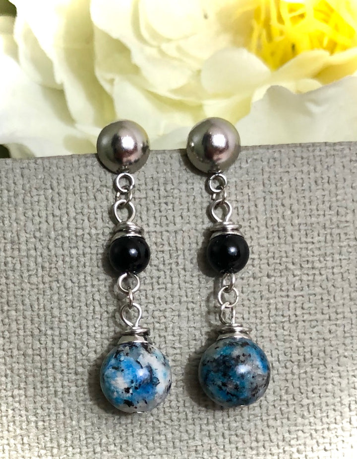 K2 & Onyx Long Dangle Earrings-Black and Blue Earrings-Stainless Steel Drop Earrings