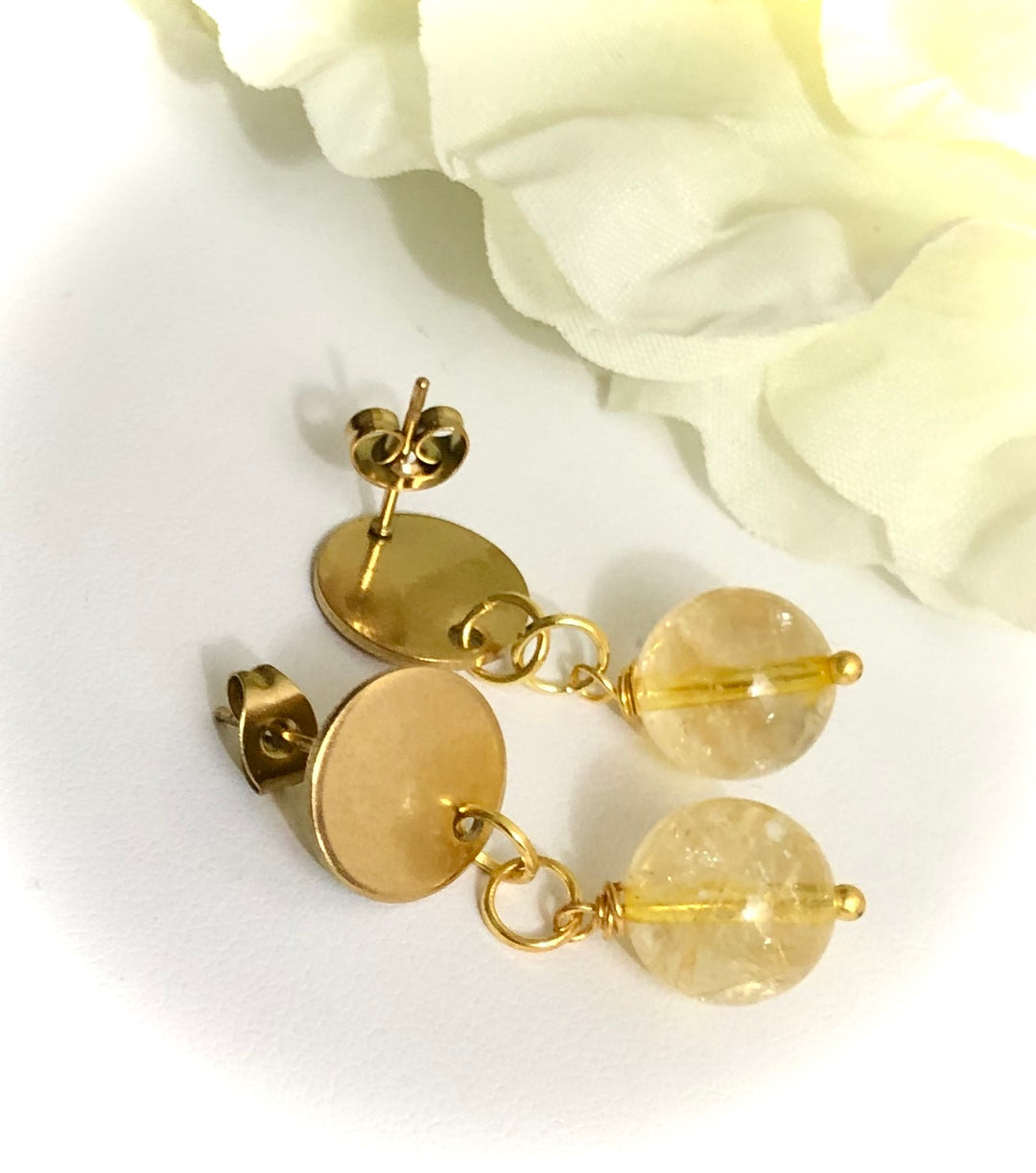 CITRINE & GOLD- Stainless Steel Dangle Earrings-Hypoallergenic-Drop Earrings