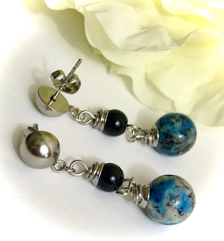 K2 & Onyx Long Dangle Earrings-Black and Blue Earrings-Stainless Steel Drop Earrings